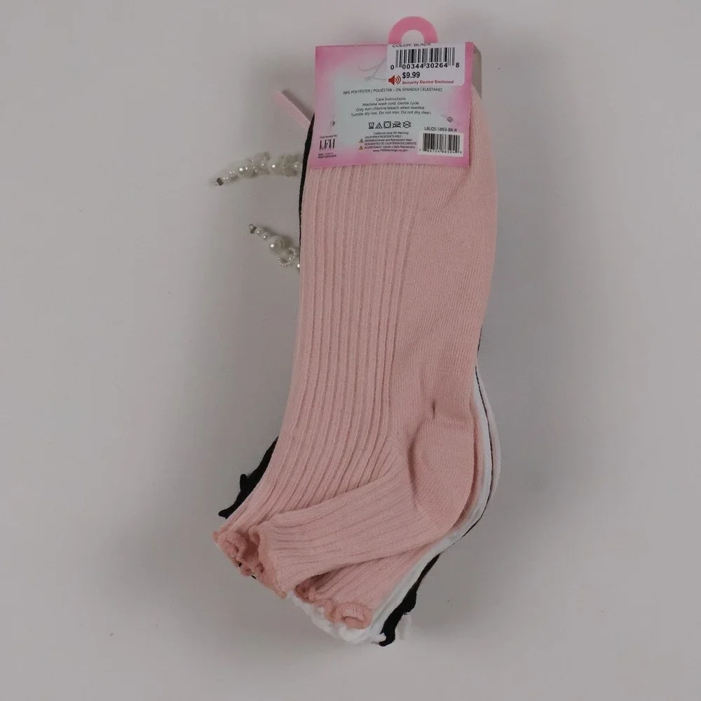 LFH Ankle Socks 6 Pack Lettuce Edge Ruffle Pearl Charm Black Pink White NWT